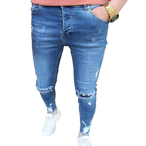 Jean slim déchiré stretch homme pantalon casual ragged fashion confortable