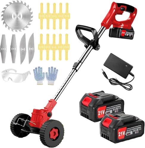 Electric Weed Wacker Cordless with Wheels, 2pcs Batteries&4 Types Blades,Lightweight, Low Noise Weed...