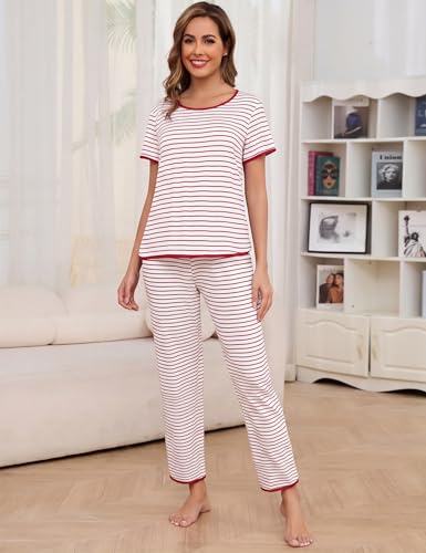 Image of Womens Pajama Sets Cotton 2 Piece Lounge Set Stripe Short Sleeve Pj Set Comfy Loungewear Sleepwear with Pockets