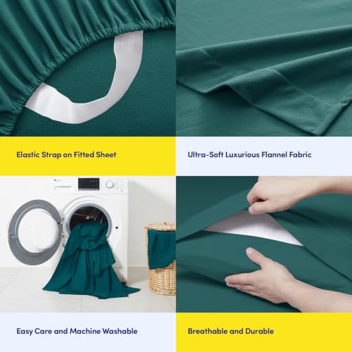 Image of Sweet Home Collection Flannel Sheet Set, Teal King, Deep Pocket Soft Brushed Microfiber All-Season Bedding with Fitted Sheet, Flat Sheet & Pillowcase(s)