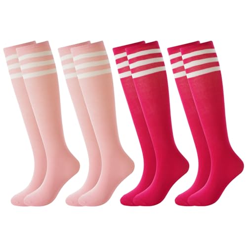 BONANGEL 4 Pairs Kids Football Socks Boys Girls 6-8 9-12 Years Knee High School Socks Black White Athletic Long Sleeves Cotton Sports Soccer Training Socks for Junior