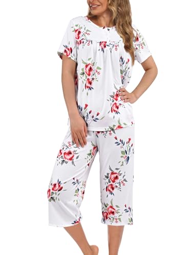 Evolyline Schlafanzug Damen Kurz, Shorty Pyjama Set Sommer, Schlafanzüge für Damen Kurzarm Top und 3/4 Lang Hose, Rundhals Ausschnitt Loungewear Nachtwäsche mit Taschen S-XL