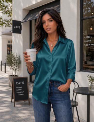 Image of Zeagoo Womens Satin Blouses Button Down Shirts 3 /4 Sleeve Dressy Tops S-2XL