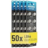 ABSINA AG13 LR44 Knopfzelle 50er Pack - 1,5V Alkaline Knopfzellen auslaufsicher & mit Langer Haltbarkeit - LR1154 / L1154 / L1154F / G13 / G13A / 13GA / 157 / V13GA / PX76A / RW82 - Knopfbatterien