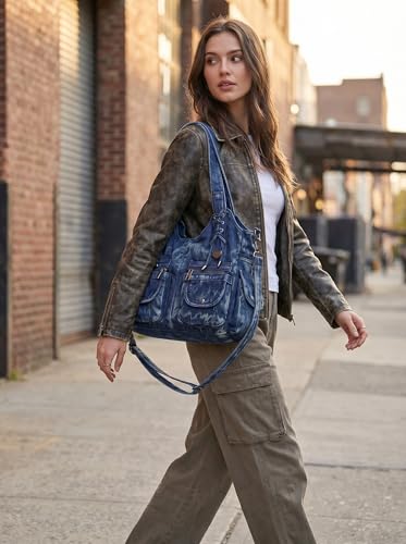 Image of Designer Denim Handbags for Women Hobo Tote Bag Crossbody Denim Purses Blue Jean Shoulder Bag
