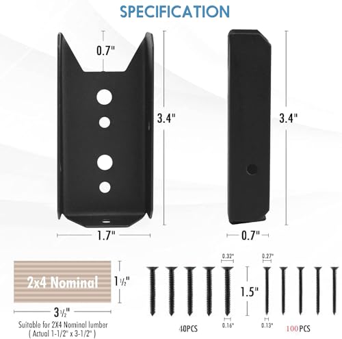 LukLoy 20 Pack 2x4 Brackets for Wood Rail, Black Fence Brackets Repair Kit, Deck Railing Bracket Connectors for 2\"×4\"(Actually 1.5\"x3.5\") Wood Post, Includes 140PCS 304 Stainless Steel Screws