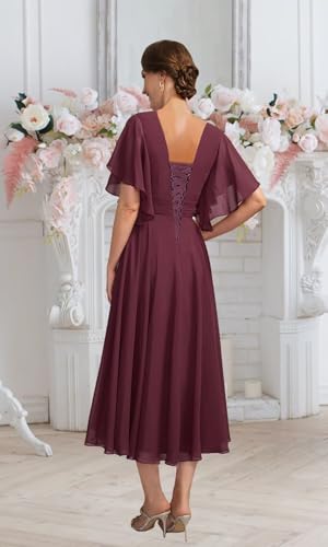 DREAMIND Grape Chiffon Mother of The Bride Dresses Plus Size 2025 Ruffled V Neck Tea Length Mother of The Groom Dress US20w2