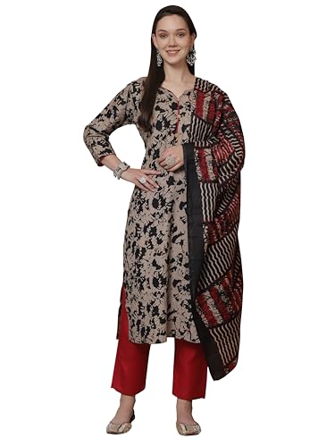 Image of Rajnandini Women's Cotton Blend Abstract Printed Kurta Set with Dupatta (JOPLST243-P Beige and Black)