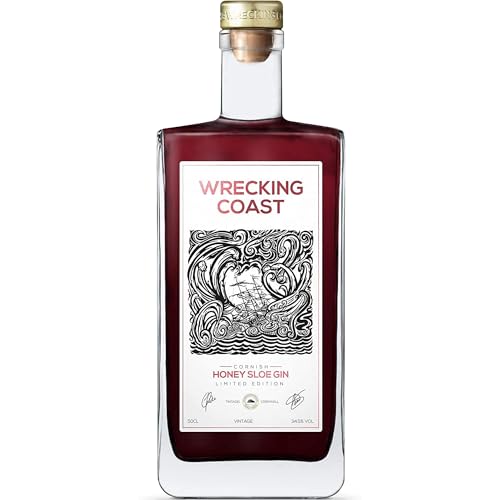 Wrecking Coast Honey Sloe Gin Cornish Gin Flavoured With Local Sloe Berries and Wildflower Honey. Produced and Bottled in North Cornwall 50cl