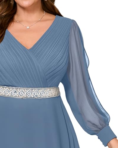 Image of Pinup Fashion Plus Formal Evening Bridesmaid Wedding Guest Fall Long Dress | Chifffon, ruched faux wrap v neck, hollow out long sleeve with buttoned cuffs, beading waist, evening, formal wedding guest