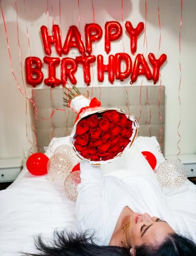 Image of Red Happy Birthday Balloon Banner, 16 Inch Red Happy Birthday Foil Balloons, Foil Letter Balloon Sign for Men Women Boys Girls Hbd Party Decorations, Photo Booth Backdrop