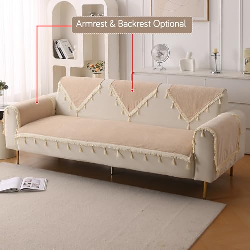 Image of HOKIPO 'Serenity Tassel' Chenille 3 Seater Sofa Cover with Tassel - Ivory Fringe (IN-892-BGE)