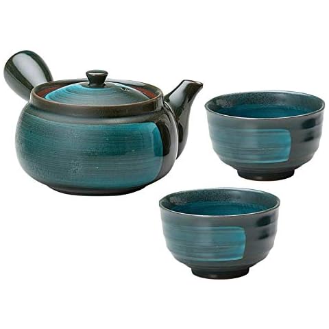 Mino Ware Japanese Kyusu Teapot Yunomi Set Emerald Line pattern on Brown Cover