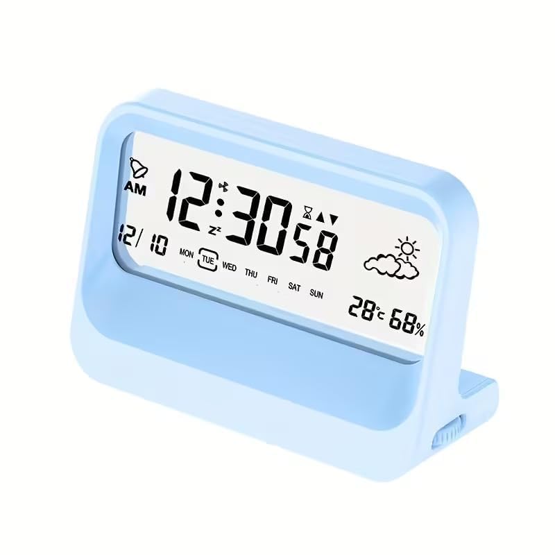 SBF Digital LCD Alarm Clock with Weather Display, Temperature & Humidity Monitor, Snooze Function, Large Display, Battery Operated Table Clock for Bedroom, Office & Home (YQ2528 (Blue))-image-33
