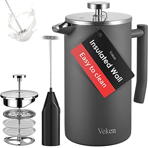 Veken French Press Coffee Tea Maker 34oz, 304 Stainless Steel Insulated Coffee Press with 4 Filter Screens Milk Frother, Rust-Free, Dishwasher Safe, Grey