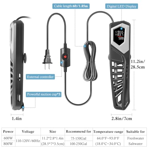 Image of HITOP 800W Titanium Aquarium Heater: Digital Fish Tank Heater with External Controller, Submersible Aquarium Heater with Over-Temperature Protection for Saltwater and Freshwater 100-250Gallon