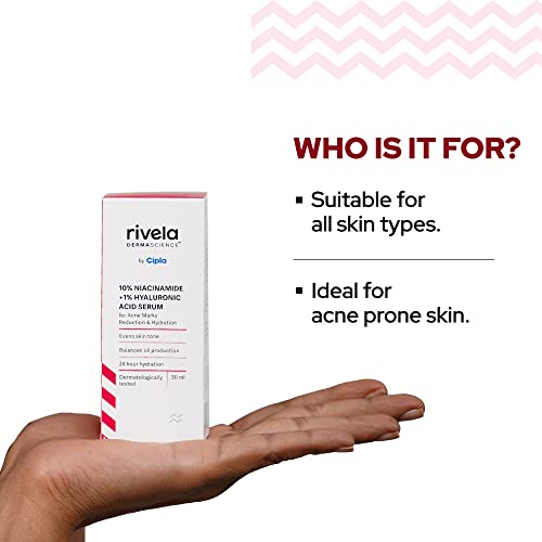 Image of Rivela Dermascience by Cipla 10% Niacinamide + 1% Hyaluronic Acid Serum | Reduces Acne Marks, Blemishes | Promotes Hydration | Evens Skin Tone | Balances Oil Production | 30ml | Pack of 2