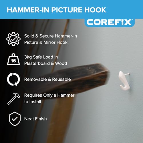 Image of Corefix Barb Wall Hook 4 Pack Universal Hammer-In Picture Hooks, Wall Hooks for Hanging Frames, Mirrors or Canvas into Plasterboard or Wood. Removable and Reusable Hook With Neat Modern Finish (White)