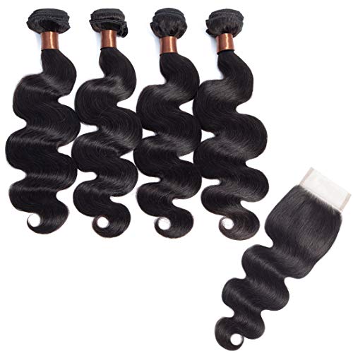 BLACKMOON HAIR Brazilian Virgin Hair Body Wave 4 Bundles With Lace Closure Unprocessed Human Hair Extensions Weave Natural Black Color (18 20 22 24+16 Inch Closure, Free Part)