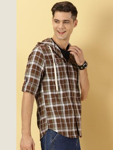 Image of Thomas Scott Men's | Checks | Full Sleeve | Regular Fit | 100% Cotton | Hooded | Casual Shirt