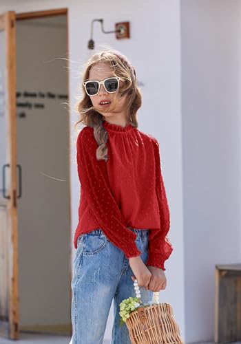 Image of Arshiner Girls Long Sleeve Shirts Chiffon Blouses Swiss Dot Frill Neck Top
