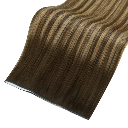 Image of Full Shine Tape Hair Extensions Real Human Hair Color 4 Medium Brown Ombre 24 Blonde And 4 Tape in Weft Hair Extensions Human Hair Remy Extension 50G One Piece Cuticles Aligned Natural 22Inch