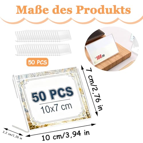 Acryl Etikettenhalter, 10 x 7 cm, 50 Stück Transparenter Vertical Acryl Etikettenhalter, Preisschilder Aufsteller, Kleiner Tabelle Namensschild, Visitenkarten Display, für Büro, Schulen, Shop
