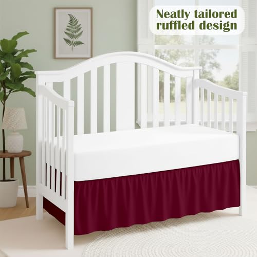 Image of Luxury Crib Bed Skirt 28 inch x 52 inch with 14 Inch Drop Soft & Breathable Dust Ruffle Fits Standard Crib and Toddler Bed Nursery Microfiber Fabric Ruffle Bed Skirt for Baby Boys or Girls Burgundy Solid