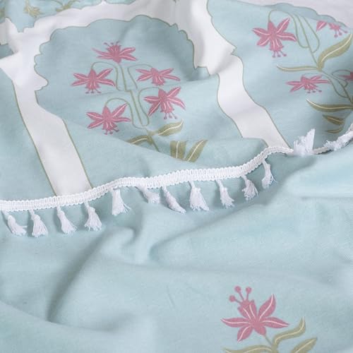 Image of Tranquebar Curtain Co. Cotton Curtains 8 Feet Long Set of 2, 60-65% Room Darkening, Turquoise Floral Print, Door Curtains 8 Feet Set of 2, BackTabs, Taj (244 cm) - Set of 2