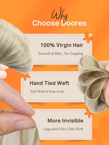 Image of DOORES Weft Hair Extensions Human Hair, Virgin 20 Inch Ash Blonde Highlighted Platinum Blonde 60g, Hand Tied Genius Sew in Weft Extensions