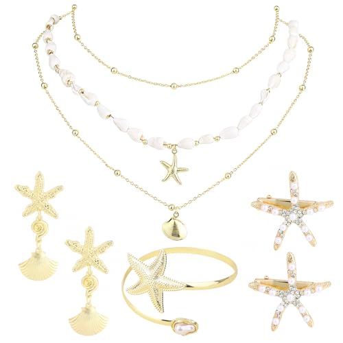 Conjunto de joyería playera Mikovivi de 8 piezas con collar de conchas y aretes para mujer