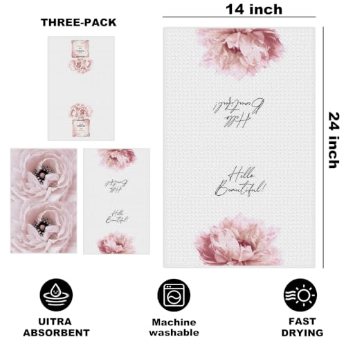 Image of 3 Pcs Pink Hand Towels, Perfume Flower Decor Reusable Dish Towels | Fashion Gifts for Women Girls Mom Friend, Waffle Weave Microfiber Towels for Bathroom Home Decor 24x14 Inch
