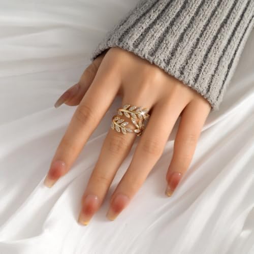 Kokoma Elegant Leaf Wrap Ring for Women Shiny Cubic Zirconia Ring Adjustable Open Finger Band Gold Plated Olive Leaf Rings Wedding Anniversary Chic Jewelry2