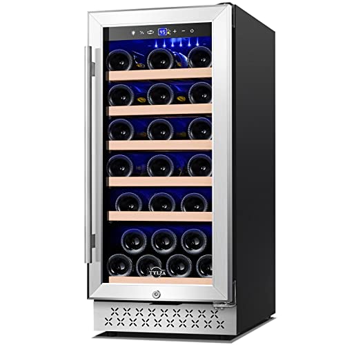 Image of Tylza Wine Fridge 15'', 30 Bottles Wine Cooler Refrigerator, Undercounter or Freestanding, Removable Shelves, 40-65F, Wine Cabinet with Double Glass Door, Wine Cooler for Home, Kitchen, Bar