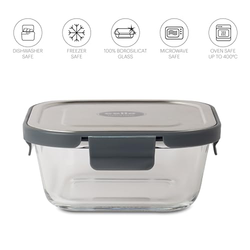 Image of CELLO Steel-O Fresh Square Toughened Glass Container 800ml, Grey | Multipurpose Storage | Microwave, Oven, Freezer & Dishwasher Safe | Leakproof Lid | Glass Container For Kitchen, Fridge & Office