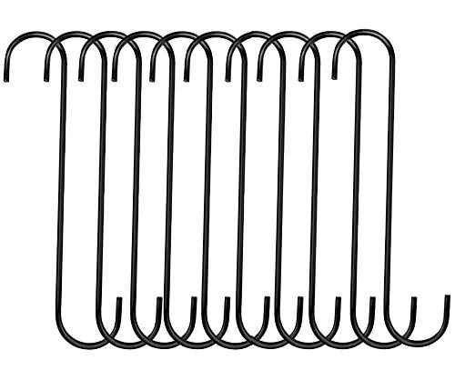 ecofynd Long Metal S Hooks Hanging Plant Extension Hooks for Kitchenware Utensils Closet and Flower Basket Garden Indoor Outdoor Uses (Large, Black) Pack of 10