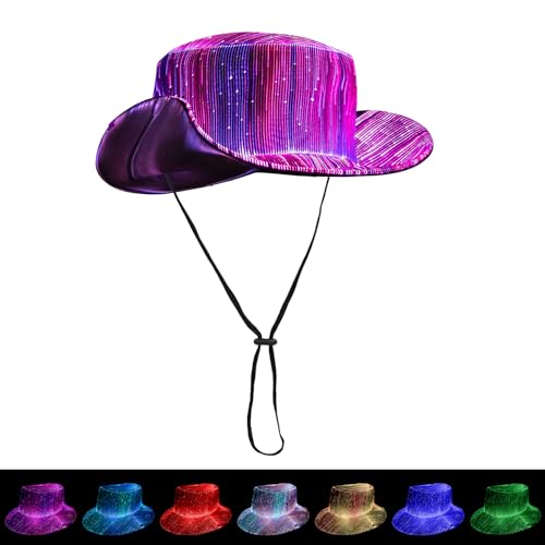 LED Bucket Hat for Women - Light up Fisherman Cap 7 Colors Glow in The Dark Funny Hats USB Rechargeable Rave Party Hats (Cowboy Hat Black)