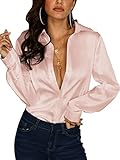 Zeagoo Womens Satin Shirt Casual Silk Button Down Shirt Loose Blouses Tops, A-Misty Rose, X-Large, Long Sleeve
