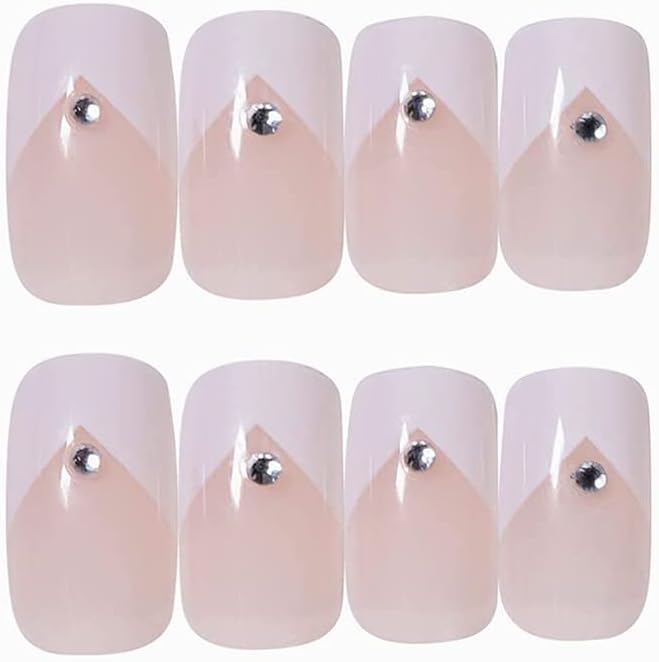 24 Pcs Glossy Press on Fake Nails, KASTWAVE Acrylic Nails Handicraft Stiletto Fake Nails, Square Glossy Press on Nails Short V Nails Design White Nude Full Cover Prom Nails for Women and Girls