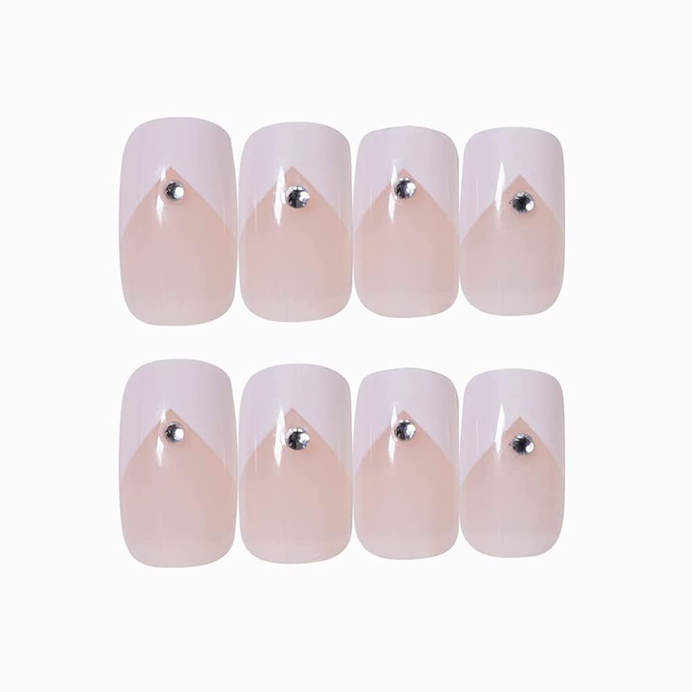 24 Pcs Glossy Press on Fake Nails, KASTWAVE Acrylic Nails Handicraft Stiletto Fake Nails, Square Glossy Press on Nails Short V Nails Design White Nude Full Cover Prom Nails for Women and Girls
