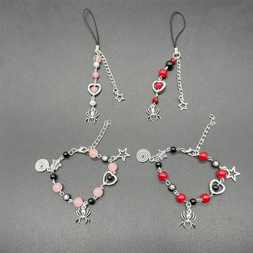 Image of Bracelet /Phone Chain Customizable Jewelry with Unique Beaded Design, Matching Star and Spiders Charm, 13cm, Red