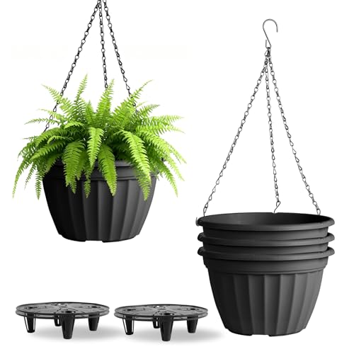 FGstyle Hanging Planters 10 Inch, 4 Pcs Self Watering Pots for Indoor Plants,Plastic Hanging Basket with Soil Elevator and 20' Chain for Home Garden Porch Balcony Patio Decor(Black)