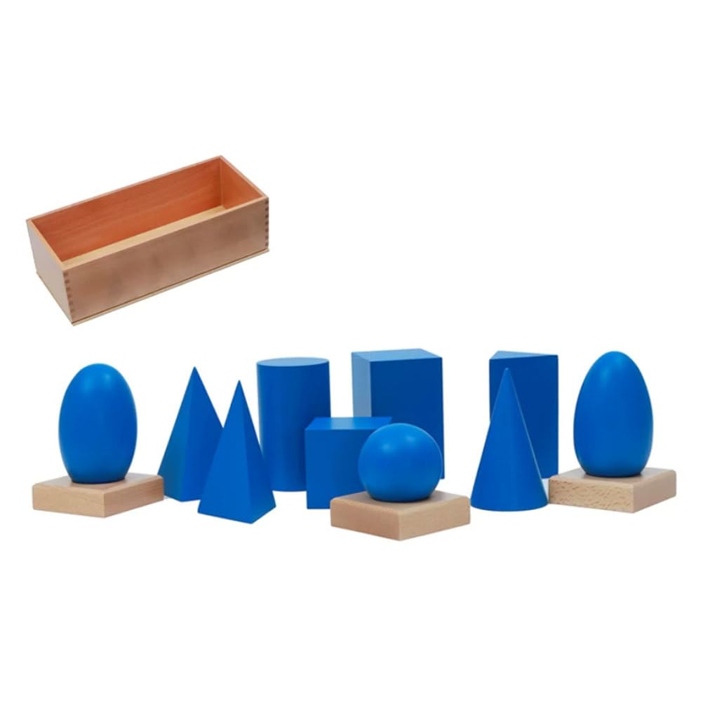 Montessori geometryczne bryły z drewnianymi podstawami i pudełkiem do przechowywania, matowe niebieskie figury 3D, sensoryczna i edukacyjna zabawka do nauki geometrii