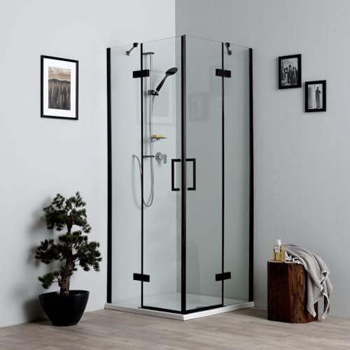 Kiamami Valentina Cabina de Ducha Negra 70x70 Reversible 2 Puertas abatibles en Cristal Transparente | London