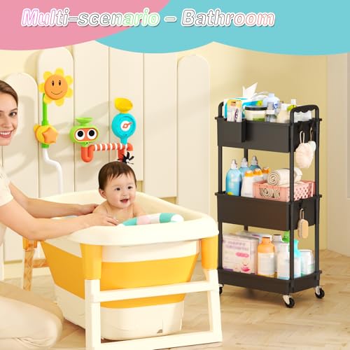 Image of SUNALLY Baby Diaper Caddy Cart, 3 Tier Rolling Diaper Cart with Lockable Wheels for Nursery Essentials, Large Capacity & Easy Assemble Diaper Storage Organizer for Newborn,New Mom, Black