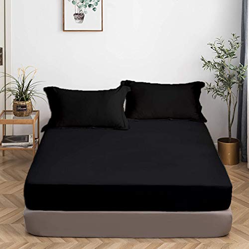 Image of All Around Brushed Microfiber Single Bed Fitted Sheet - (36 x 78) Inches - 8'' Deep Pocket Elastic Fitted Bedsheet + 1 Pillow Cover 400 Series Extra Soft & Easy Fit - Black