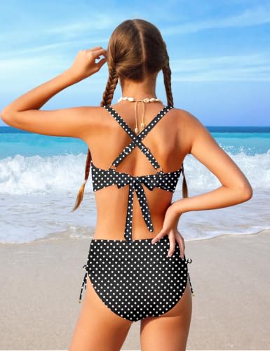 Image of Teen Girls Swimsuits V-Neck Bikini Set Bathing Suits Cross Straps Two Piece Swimwear with Drawstring