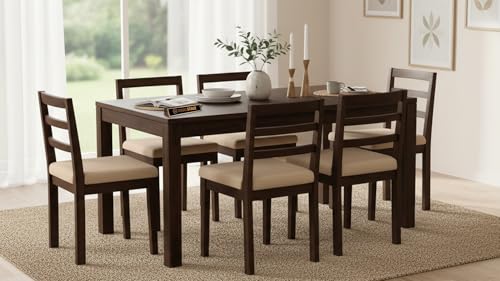 Image of WOODSTAGE Solid Sheesham Wood 6 Seater Dining Table with Cushion Chairs for Dining Room, Living Room, Hall, Home | Wooden Furniture Dinner Table Set (Walnut Finish, 6 Seater)