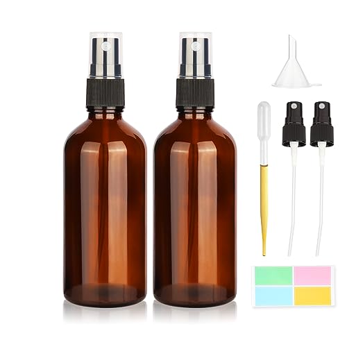 2Pcs Vaporisateurs en verre ambré de 100 ml bouteilles vides avec atomiseurs pour huiles essentielles et parfums - entonnoir, 2 pompes vaporisatrices,...