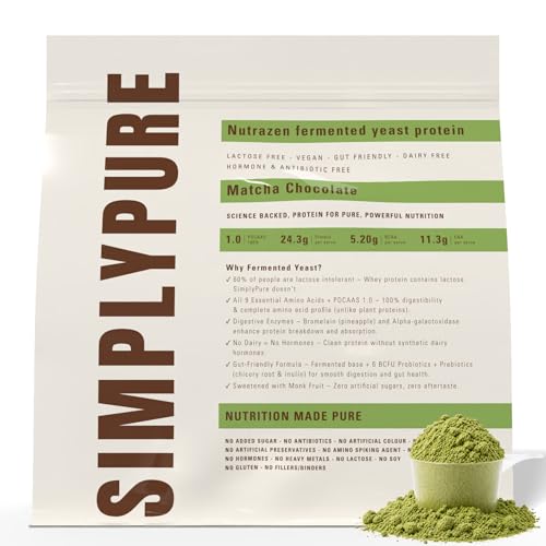 Image of SimplyPure Fermented Yeast Protein Powder - Matcha Chocolate - 1kg | 24.3g Complete Protein | Muscle Recovery & Lean Muscle Support | Vegan Protein Powder for Gym, Workout & Fitness | PDCAAS 1.0 | Easy to Digest with Probiotics & Digestive Enzymes